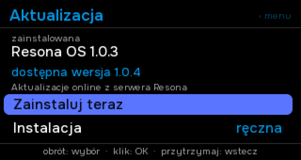 Menu Aktualizacja: lista zmian i instalacja