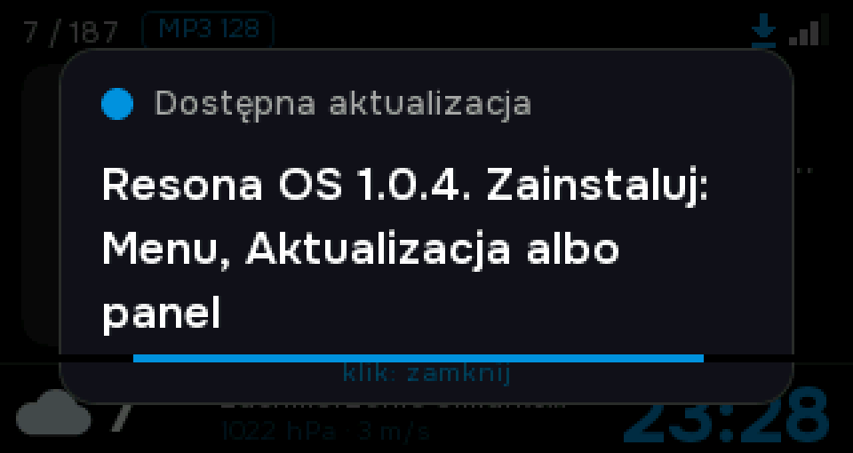 Powiadomienie o nowej wersji na ekranie radia