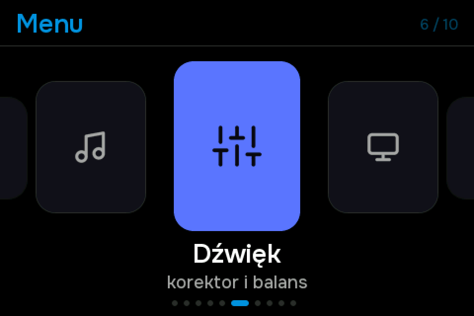 Menu z karuzelą pięciu kafelków na wyświetlaczu 480×320