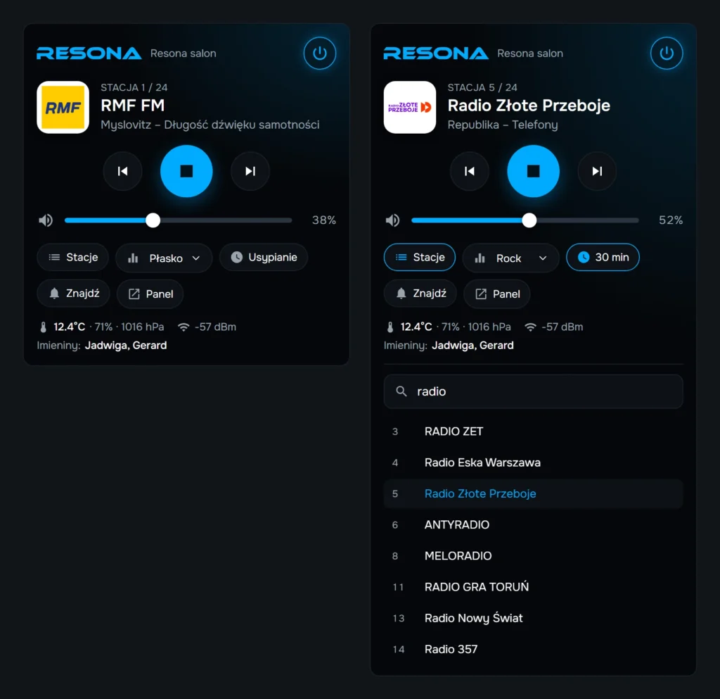 Karta Resona na pulpicie Home Assistant: logo stacji, tytuł utworu i lista stacji