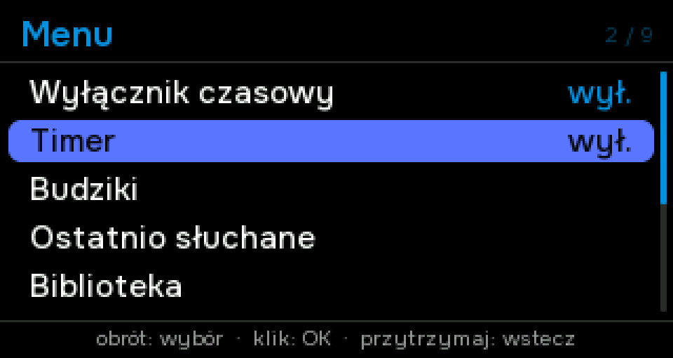 Menu radia Resona OS: obrót wybiera, kliknięcie zatwierdza, przytrzymanie cofa