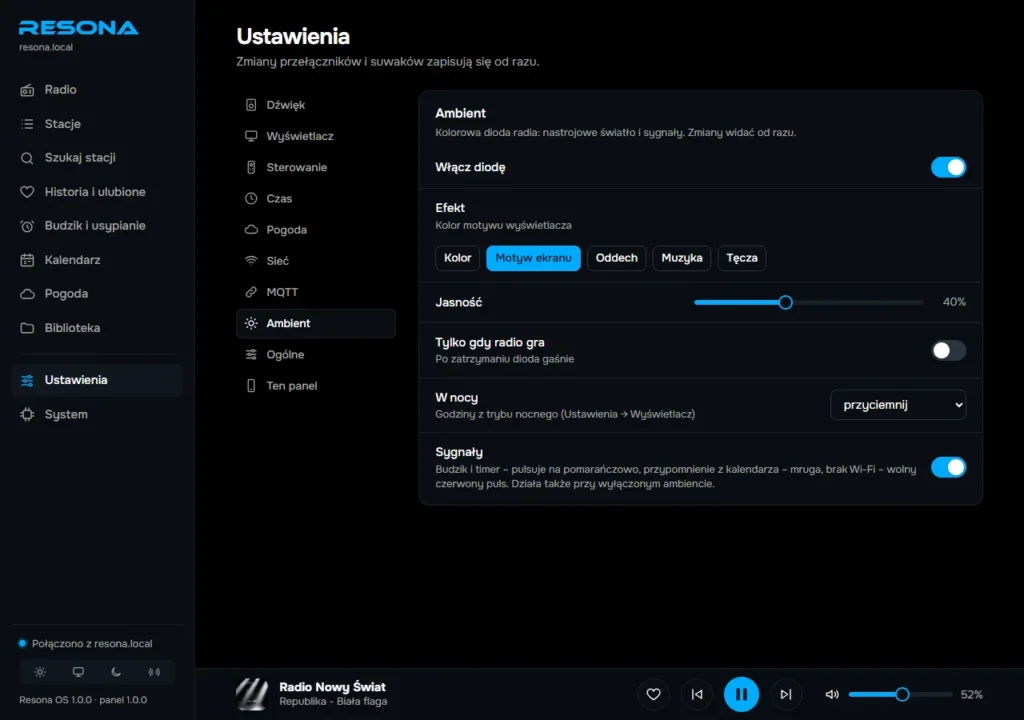 Ustawienia światła ambient w panelu Resona OS