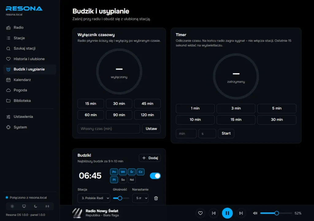 Budzik i usypianie w panelu: wyłącznik, timer i budziki
